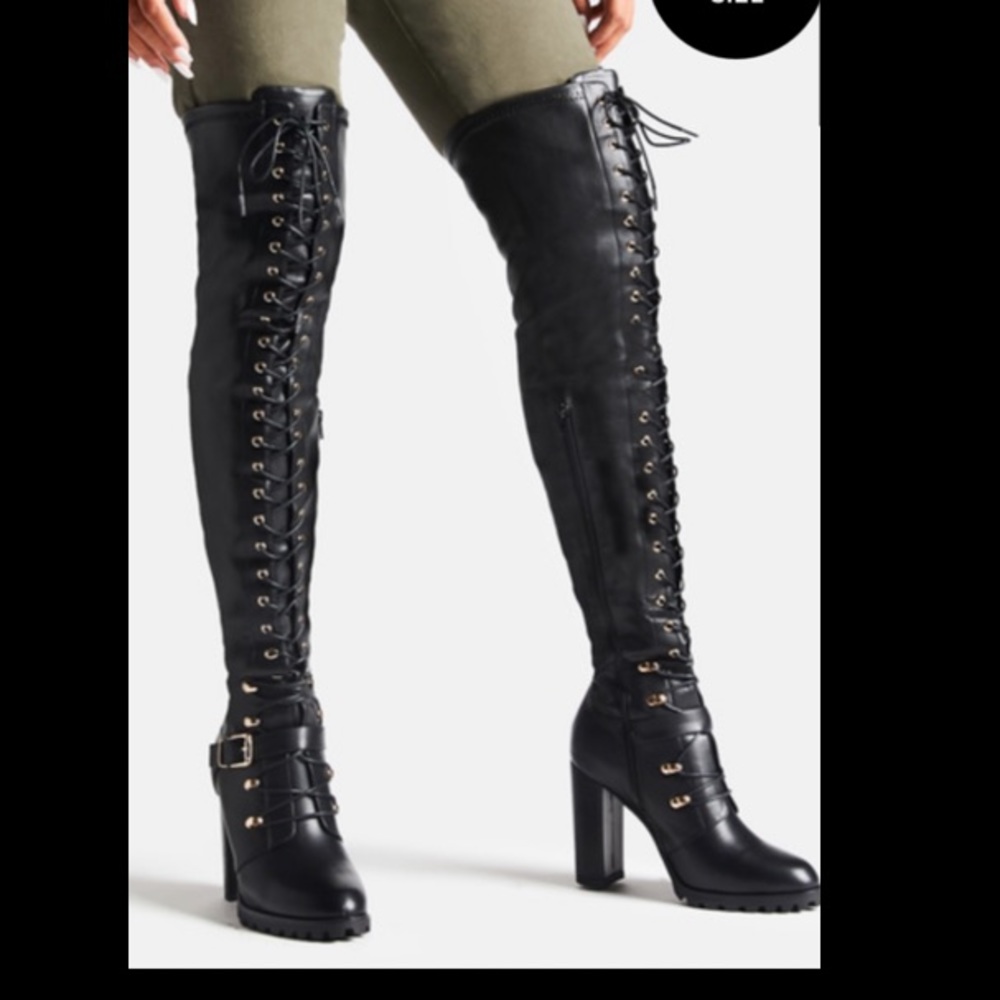 Black Thigh high lace up combat boots